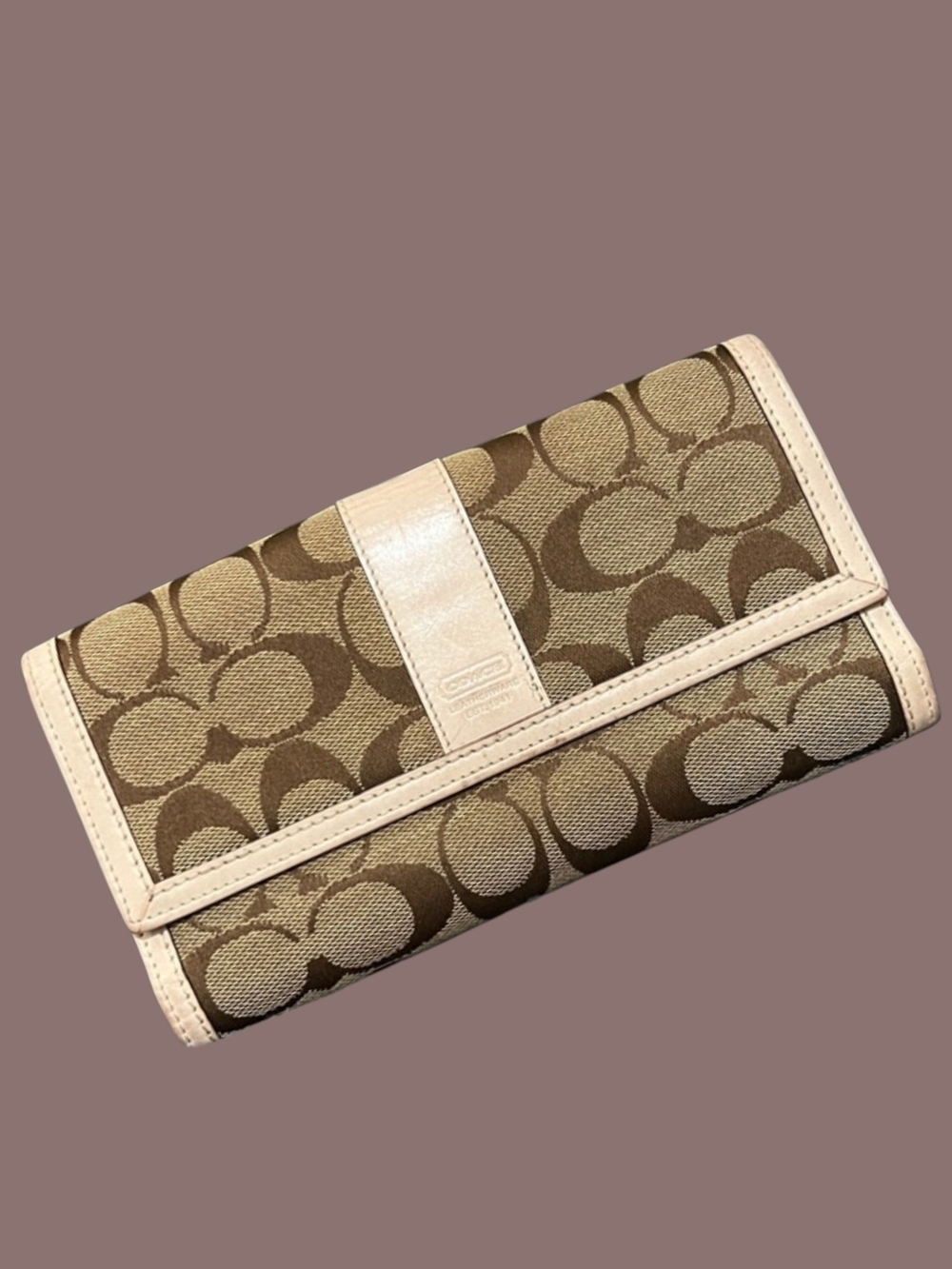 Coach Signature Canvas Continental Wallet in Khaki with Cream Leather Trim